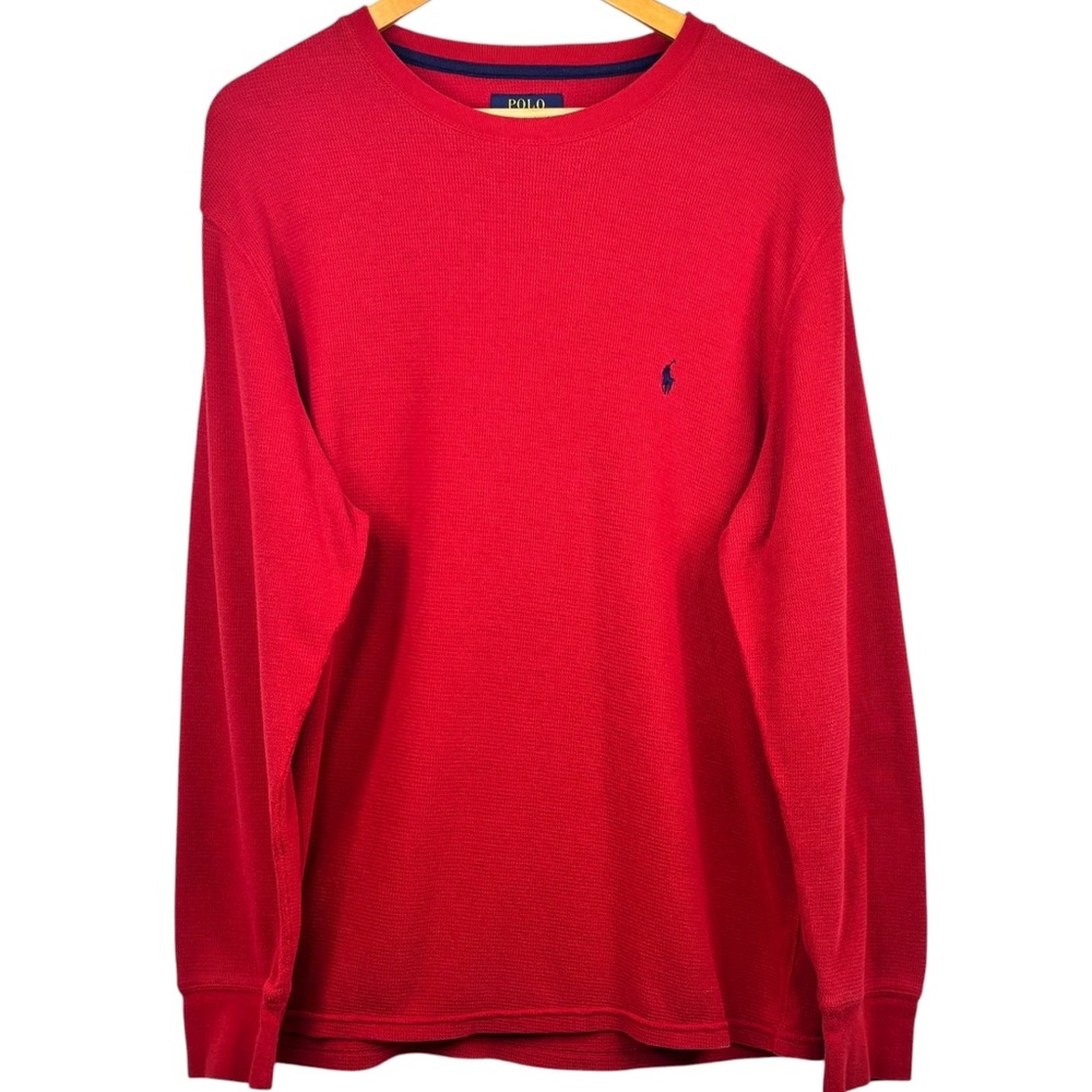 Polo Ralph Lauren Red Waffle Knit Long Sleeve Crew Neck Navy Blue Logo Shirt XL